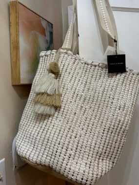 Cream Woven Tassel Tote